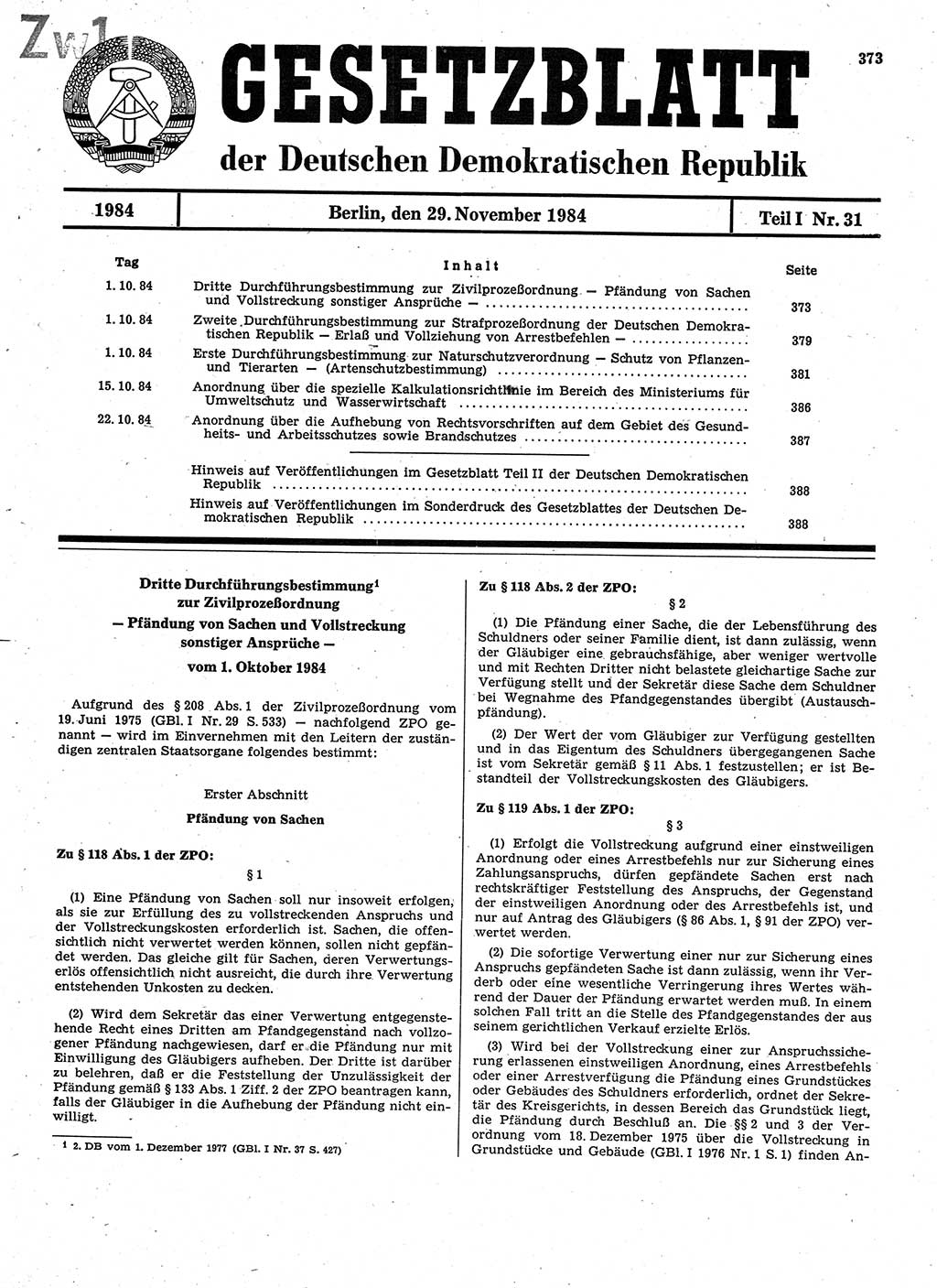 Gesetzblatt (GBl.) der Deutschen Demokratischen Republik (DDR) Teil Ⅰ 1984, Seite 373 (GBl. DDR Ⅰ 1984, S. 373)