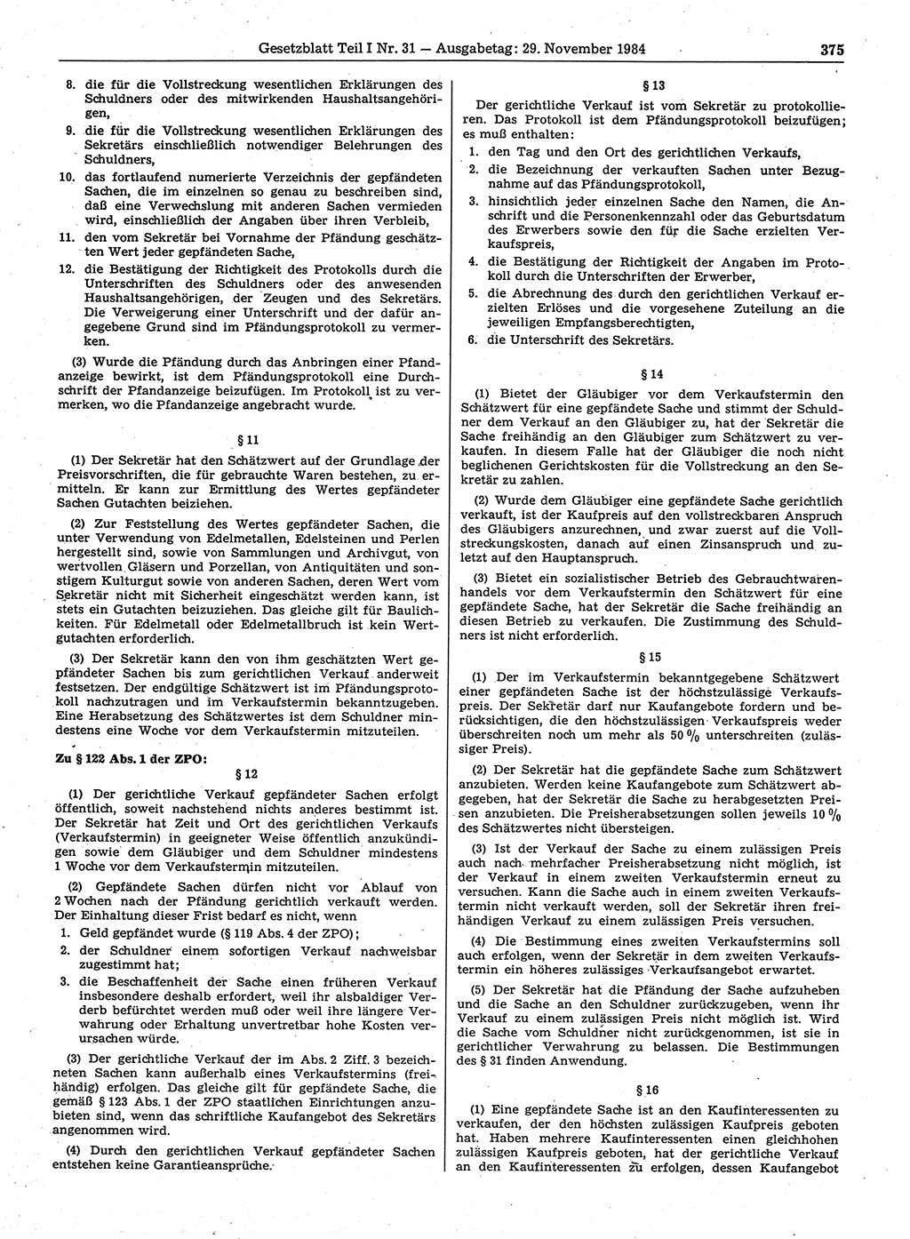 Gesetzblatt (GBl.) der Deutschen Demokratischen Republik (DDR) Teil Ⅰ 1984, Seite 375 (GBl. DDR Ⅰ 1984, S. 375)