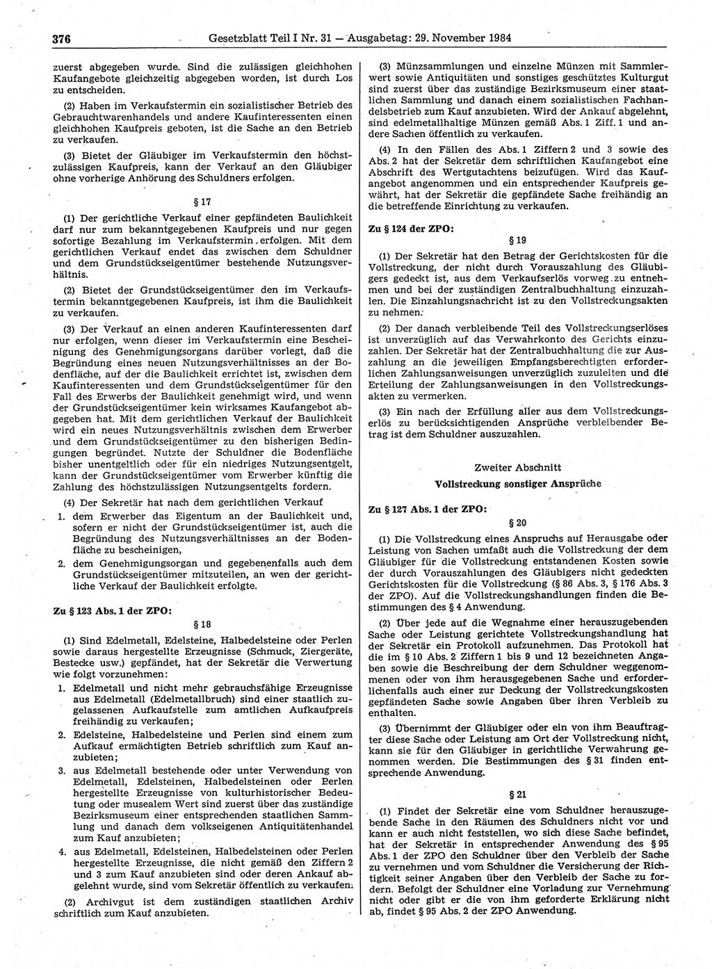 Gesetzblatt (GBl.) der Deutschen Demokratischen Republik (DDR) Teil Ⅰ 1984, Seite 376 (GBl. DDR Ⅰ 1984, S. 376)