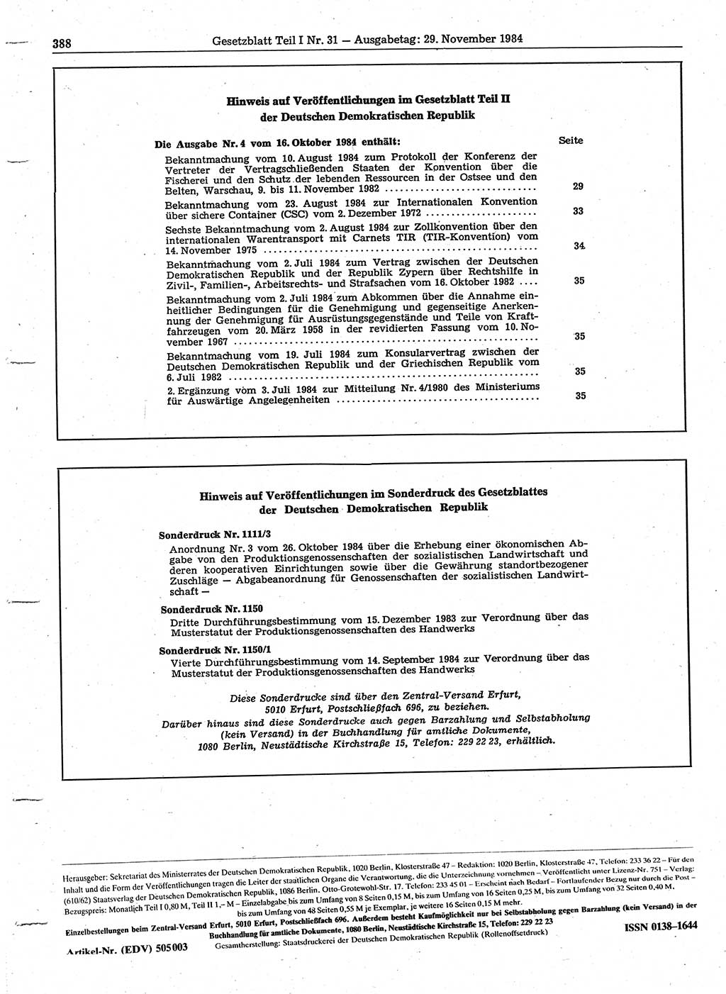Gesetzblatt (GBl.) der Deutschen Demokratischen Republik (DDR) Teil Ⅰ 1984, Seite 388 (GBl. DDR Ⅰ 1984, S. 388)