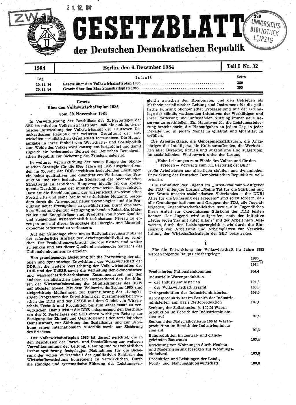 Gesetzblatt (GBl.) der Deutschen Demokratischen Republik (DDR) Teil Ⅰ 1984, Seite 389 (GBl. DDR Ⅰ 1984, S. 389)