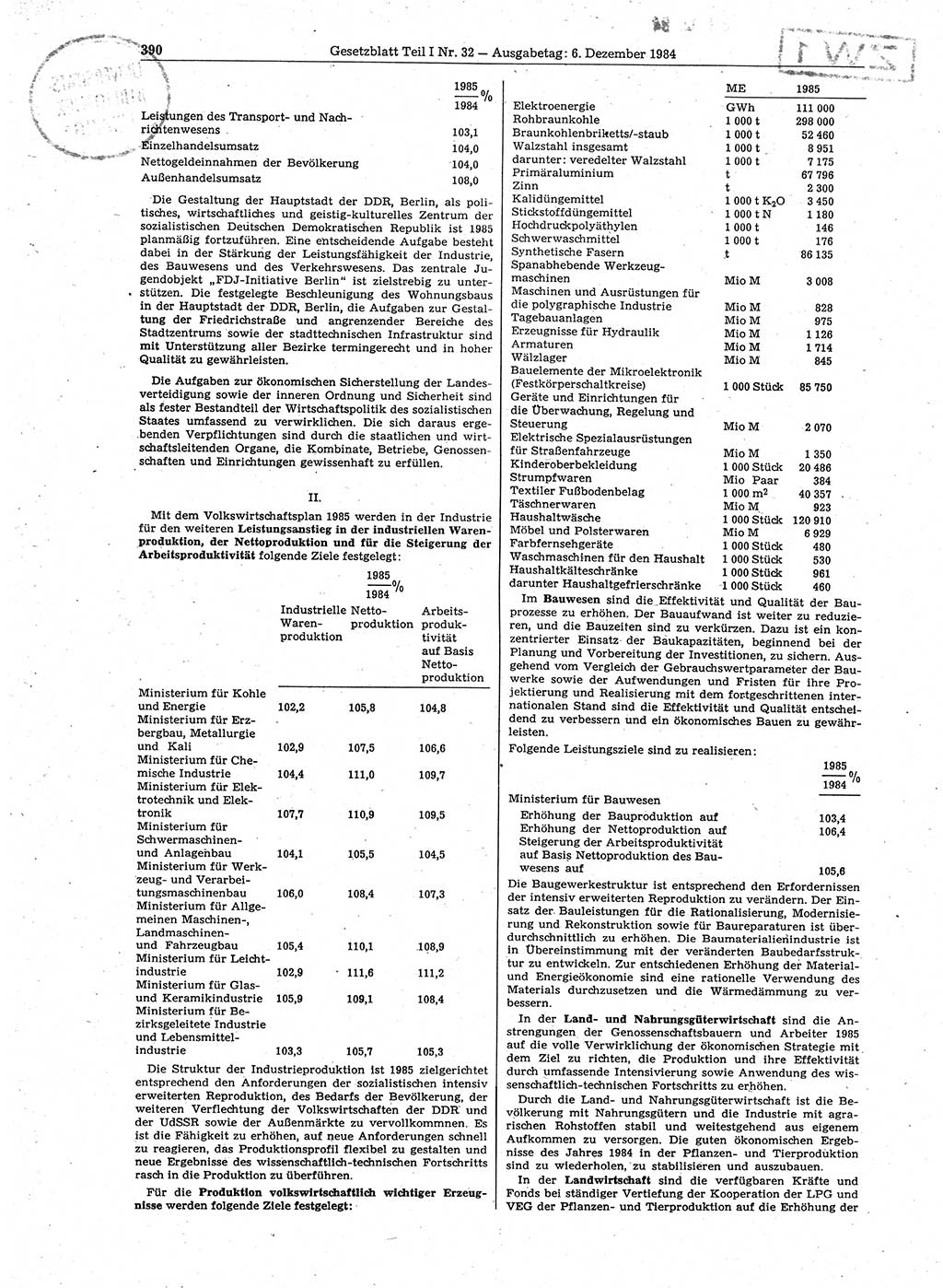 Gesetzblatt (GBl.) der Deutschen Demokratischen Republik (DDR) Teil Ⅰ 1984, Seite 390 (GBl. DDR Ⅰ 1984, S. 390)
