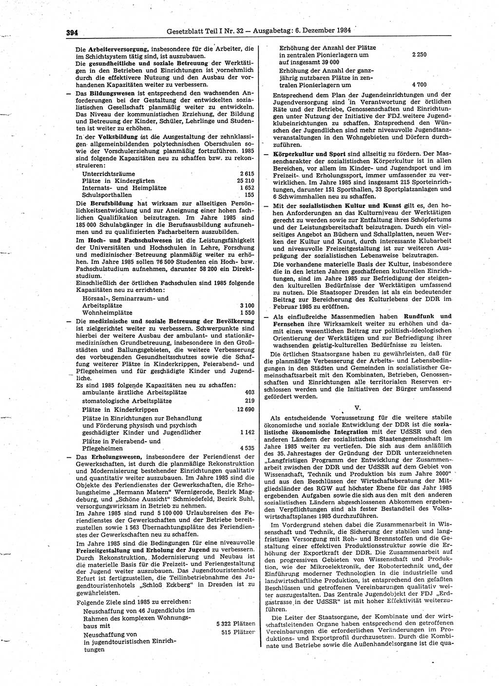 Gesetzblatt (GBl.) der Deutschen Demokratischen Republik (DDR) Teil Ⅰ 1984, Seite 394 (GBl. DDR Ⅰ 1984, S. 394)