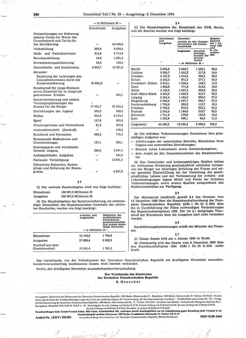 Gesetzblatt (GBl.) der Deutschen Demokratischen Republik (DDR) Teil Ⅰ 1984, Seite 396 (GBl. DDR Ⅰ 1984, S. 396)