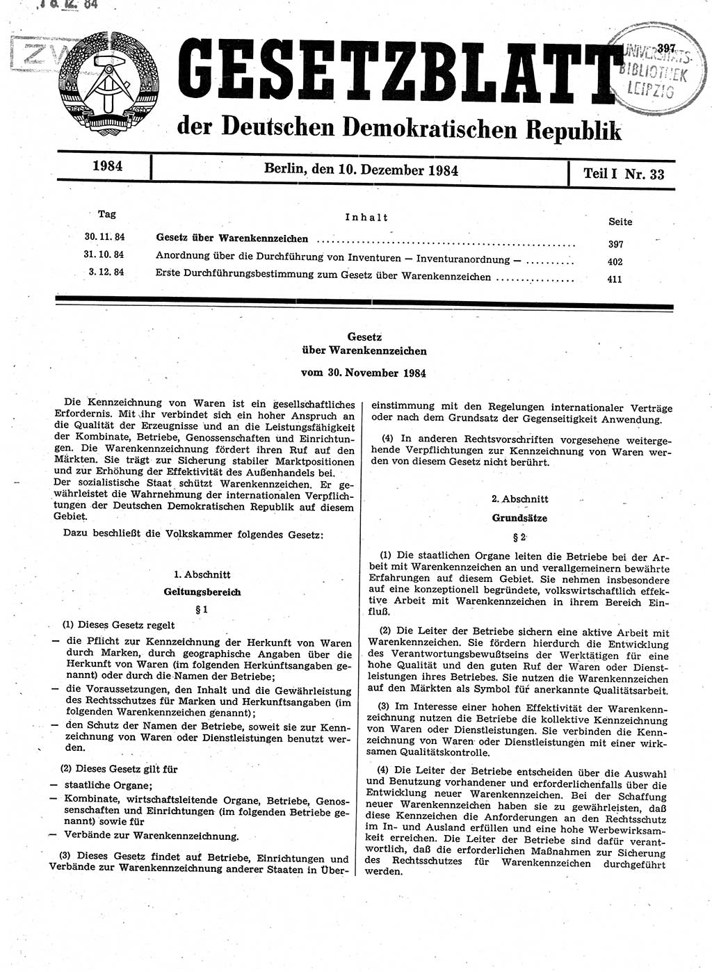 Gesetzblatt (GBl.) der Deutschen Demokratischen Republik (DDR) Teil Ⅰ 1984, Seite 397 (GBl. DDR Ⅰ 1984, S. 397)