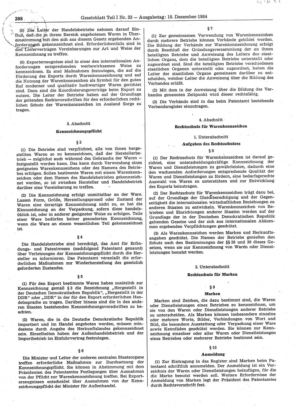 Gesetzblatt (GBl.) der Deutschen Demokratischen Republik (DDR) Teil Ⅰ 1984, Seite 398 (GBl. DDR Ⅰ 1984, S. 398)