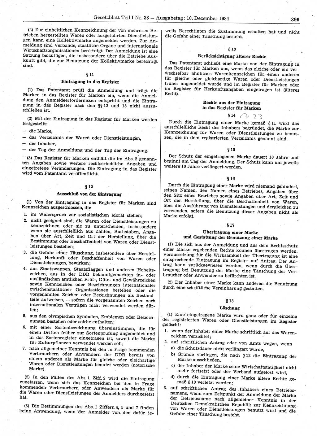 Gesetzblatt (GBl.) der Deutschen Demokratischen Republik (DDR) Teil Ⅰ 1984, Seite 399 (GBl. DDR Ⅰ 1984, S. 399)