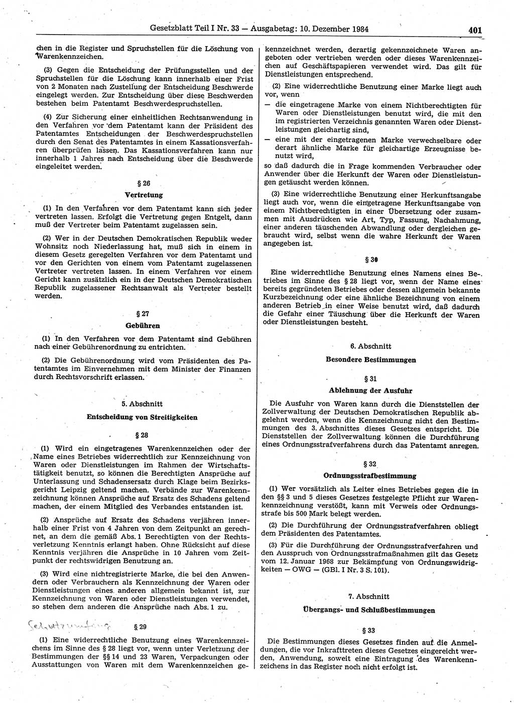 Gesetzblatt (GBl.) der Deutschen Demokratischen Republik (DDR) Teil Ⅰ 1984, Seite 401 (GBl. DDR Ⅰ 1984, S. 401)