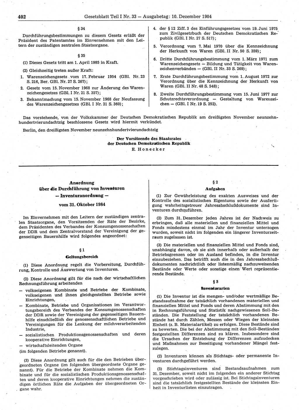 Gesetzblatt (GBl.) der Deutschen Demokratischen Republik (DDR) Teil Ⅰ 1984, Seite 402 (GBl. DDR Ⅰ 1984, S. 402)