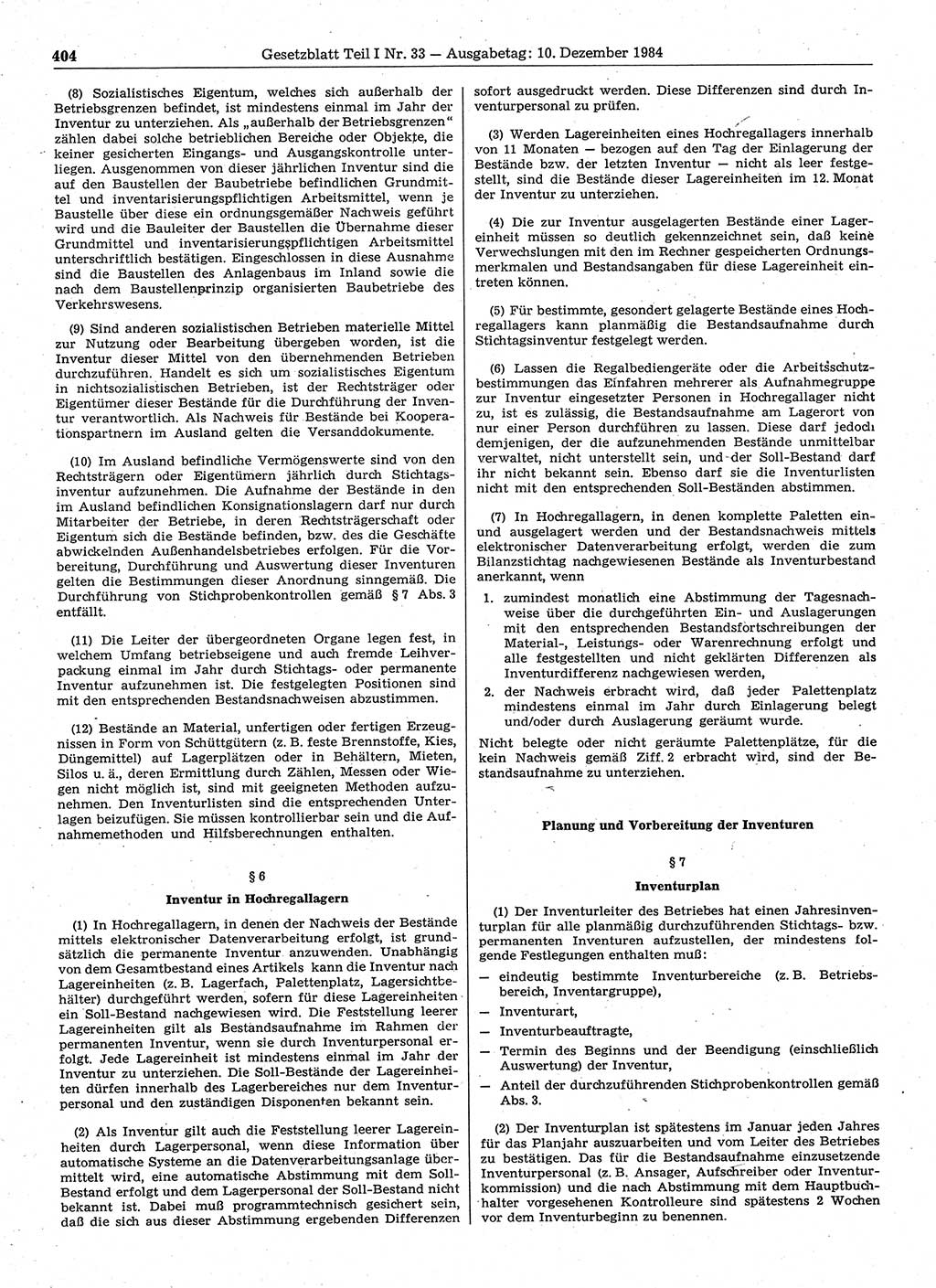 Gesetzblatt (GBl.) der Deutschen Demokratischen Republik (DDR) Teil Ⅰ 1984, Seite 404 (GBl. DDR Ⅰ 1984, S. 404)