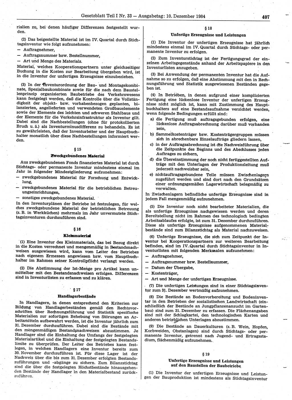 Gesetzblatt (GBl.) der Deutschen Demokratischen Republik (DDR) Teil Ⅰ 1984, Seite 407 (GBl. DDR Ⅰ 1984, S. 407)