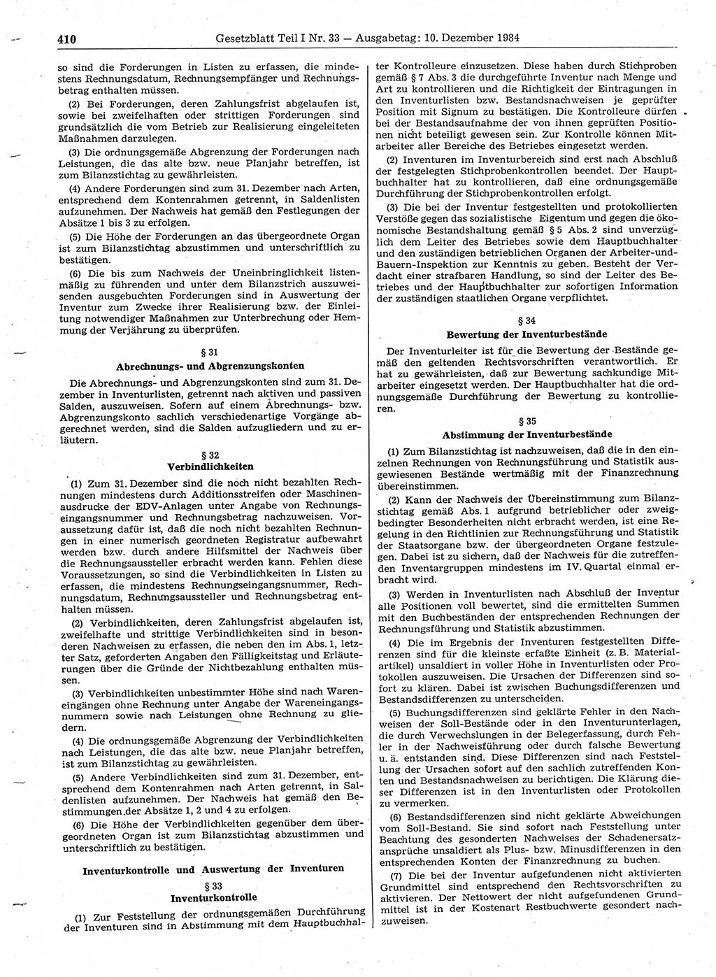 Gesetzblatt (GBl.) der Deutschen Demokratischen Republik (DDR) Teil Ⅰ 1984, Seite 410 (GBl. DDR Ⅰ 1984, S. 410)