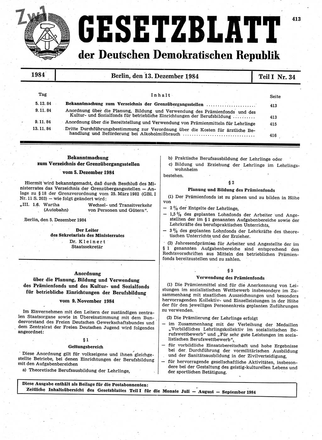 Gesetzblatt (GBl.) der Deutschen Demokratischen Republik (DDR) Teil Ⅰ 1984, Seite 413 (GBl. DDR Ⅰ 1984, S. 413)