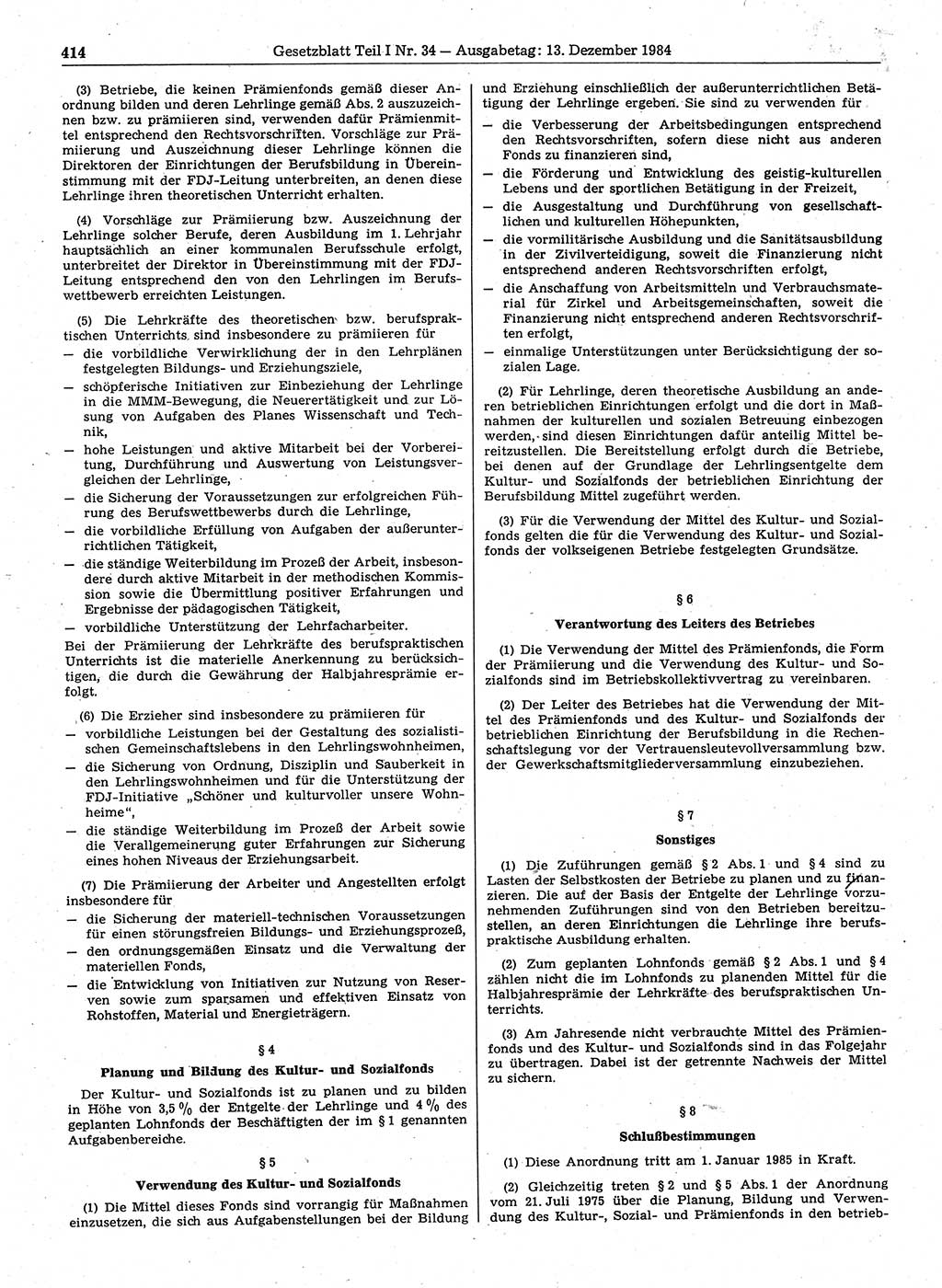 Gesetzblatt (GBl.) der Deutschen Demokratischen Republik (DDR) Teil Ⅰ 1984, Seite 414 (GBl. DDR Ⅰ 1984, S. 414)