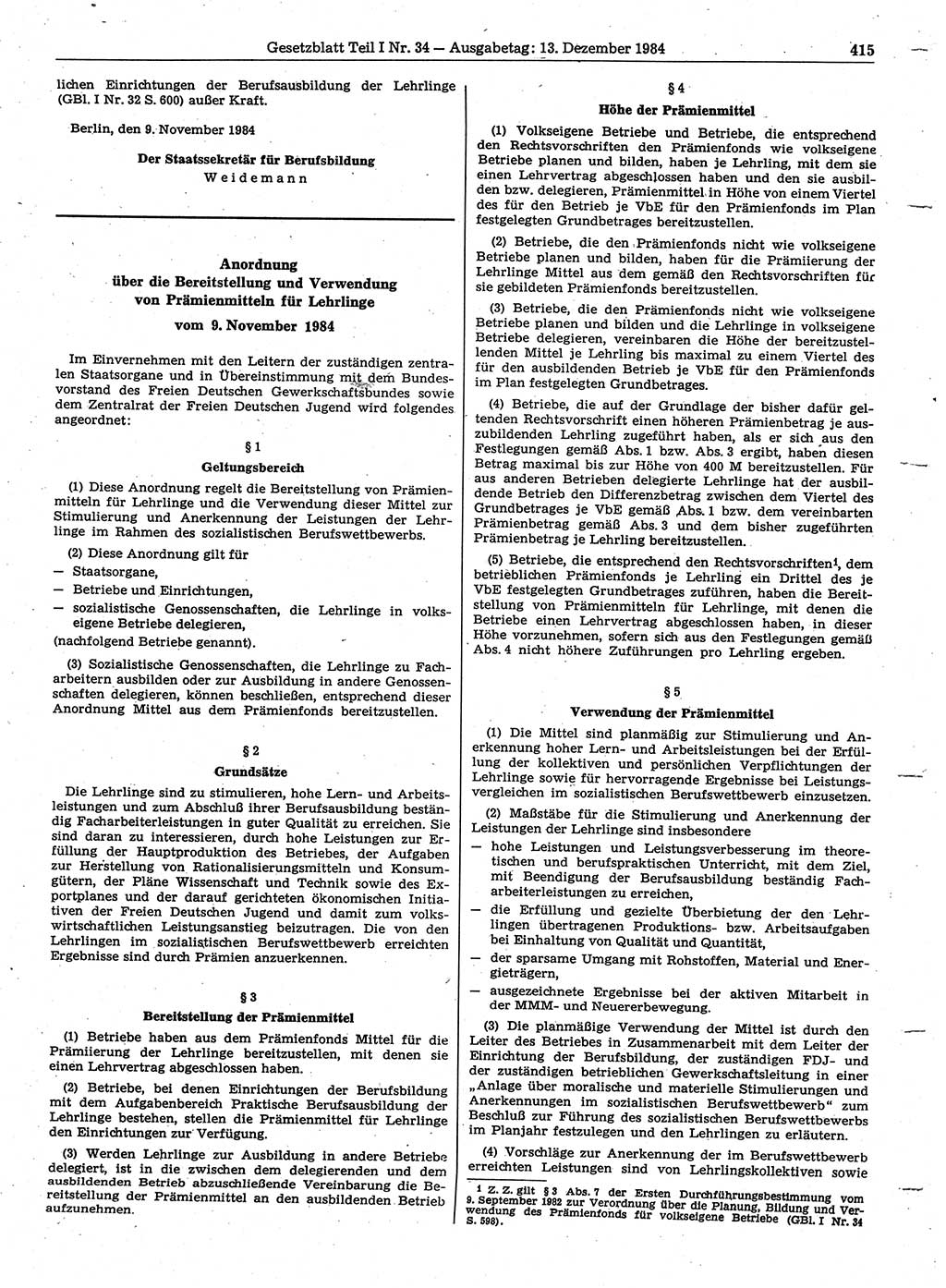 Gesetzblatt (GBl.) der Deutschen Demokratischen Republik (DDR) Teil Ⅰ 1984, Seite 415 (GBl. DDR Ⅰ 1984, S. 415)