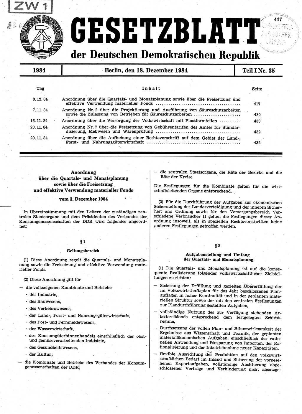 Gesetzblatt (GBl.) der Deutschen Demokratischen Republik (DDR) Teil Ⅰ 1984, Seite 417 (GBl. DDR Ⅰ 1984, S. 417)