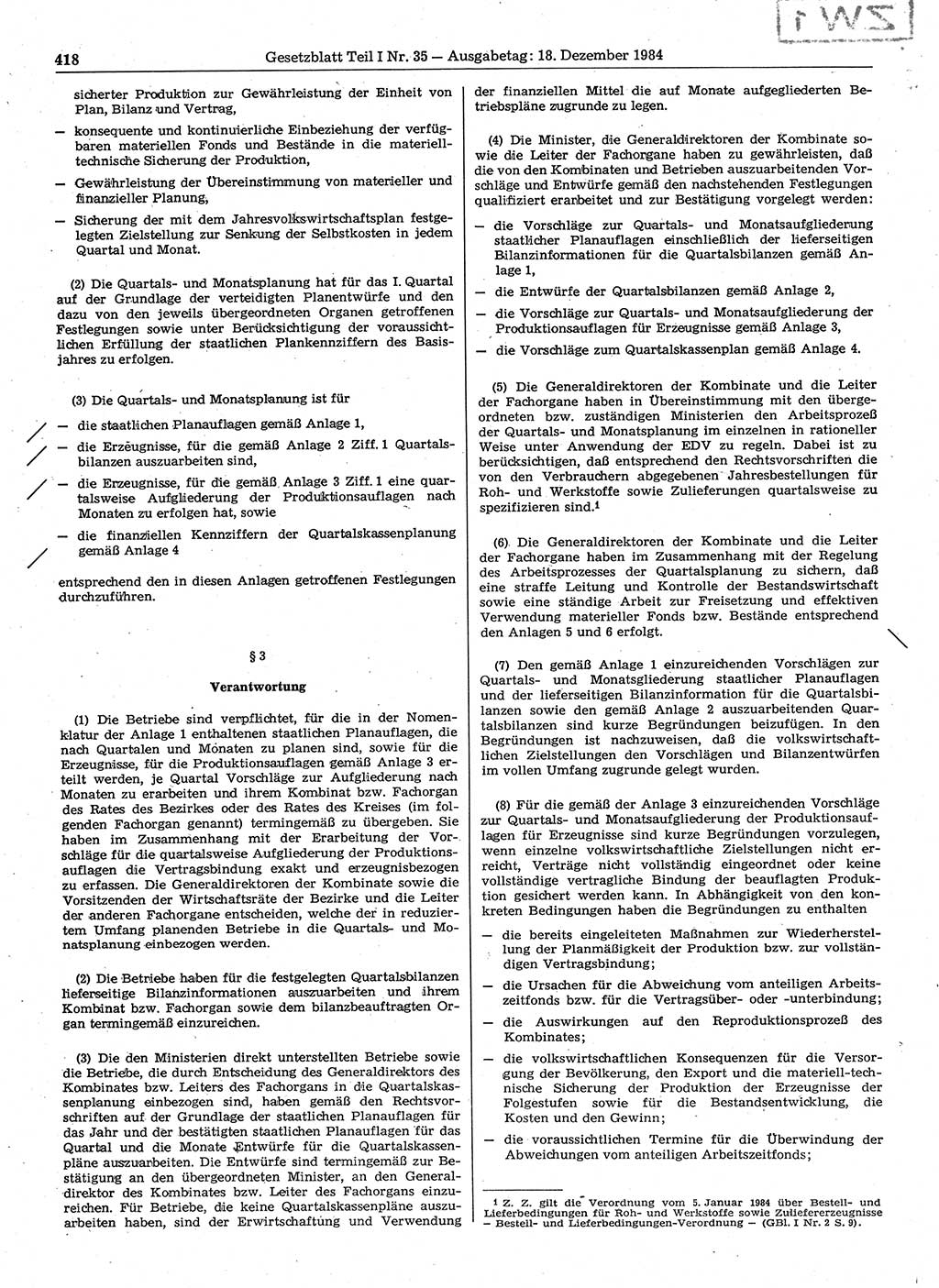 Gesetzblatt (GBl.) der Deutschen Demokratischen Republik (DDR) Teil Ⅰ 1984, Seite 418 (GBl. DDR Ⅰ 1984, S. 418)