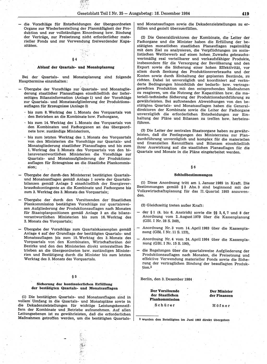 Gesetzblatt (GBl.) der Deutschen Demokratischen Republik (DDR) Teil Ⅰ 1984, Seite 419 (GBl. DDR Ⅰ 1984, S. 419)
