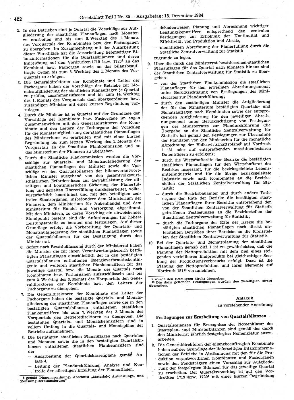 Gesetzblatt (GBl.) der Deutschen Demokratischen Republik (DDR) Teil Ⅰ 1984, Seite 422 (GBl. DDR Ⅰ 1984, S. 422)
