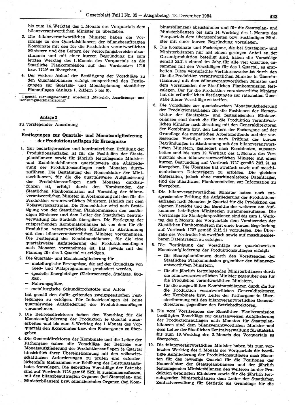 Gesetzblatt (GBl.) der Deutschen Demokratischen Republik (DDR) Teil Ⅰ 1984, Seite 423 (GBl. DDR Ⅰ 1984, S. 423)