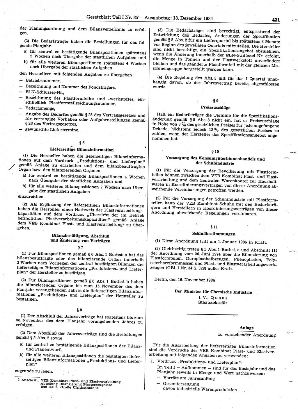 Gesetzblatt (GBl.) der Deutschen Demokratischen Republik (DDR) Teil Ⅰ 1984, Seite 431 (GBl. DDR Ⅰ 1984, S. 431)