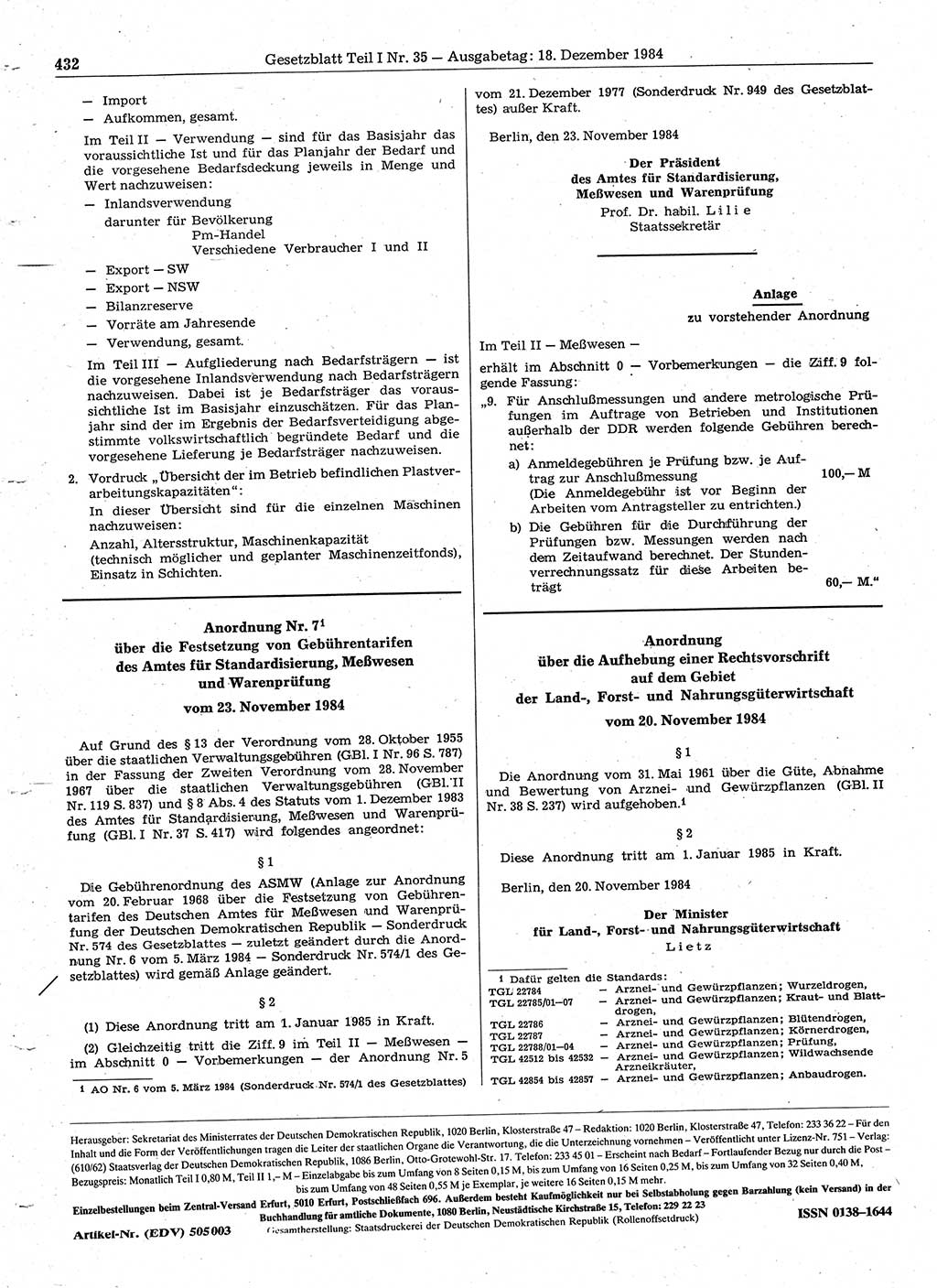 Gesetzblatt (GBl.) der Deutschen Demokratischen Republik (DDR) Teil Ⅰ 1984, Seite 432 (GBl. DDR Ⅰ 1984, S. 432)