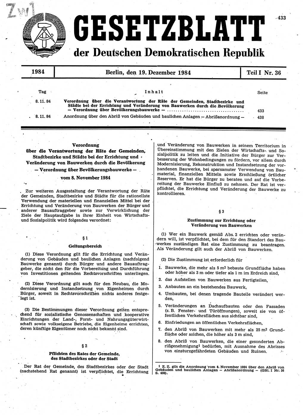 Gesetzblatt (GBl.) der Deutschen Demokratischen Republik (DDR) Teil Ⅰ 1984, Seite 433 (GBl. DDR Ⅰ 1984, S. 433)
