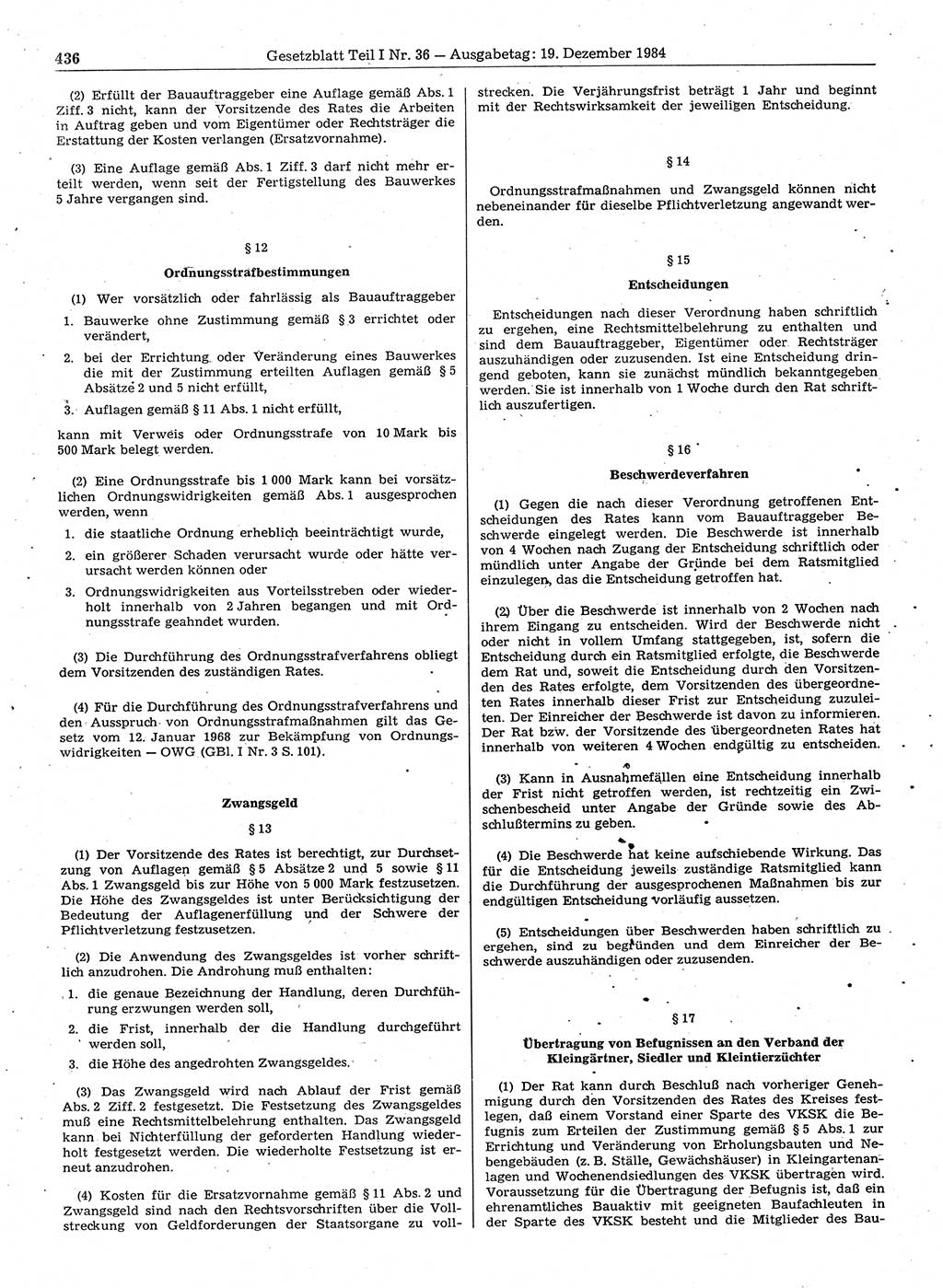 Gesetzblatt (GBl.) der Deutschen Demokratischen Republik (DDR) Teil Ⅰ 1984, Seite 436 (GBl. DDR Ⅰ 1984, S. 436)