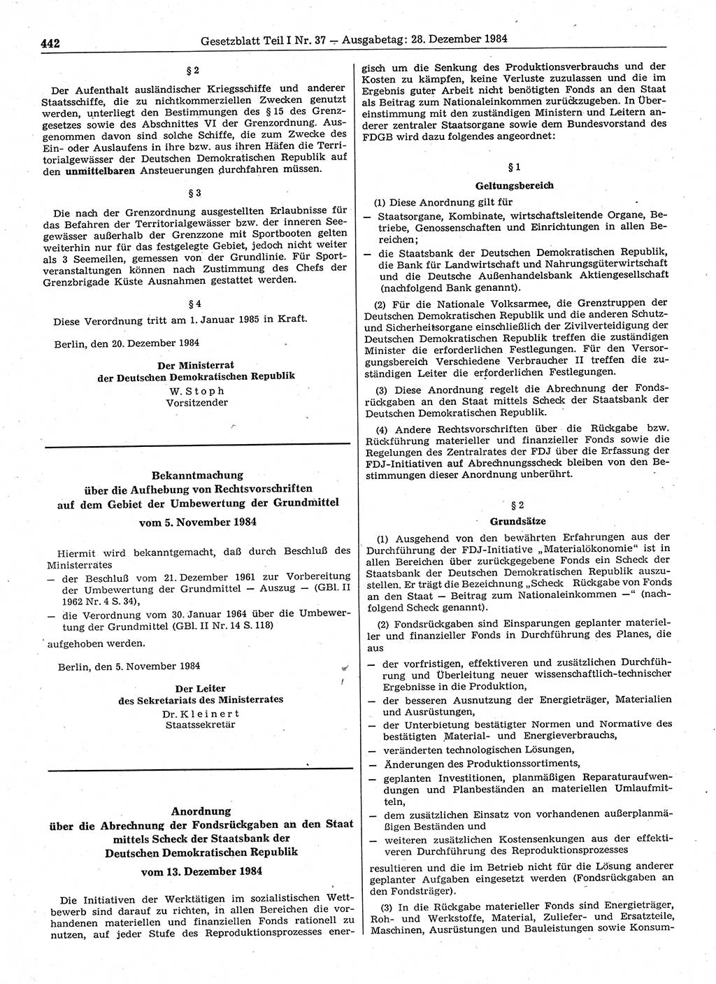 Gesetzblatt (GBl.) der Deutschen Demokratischen Republik (DDR) Teil Ⅰ 1984, Seite 442 (GBl. DDR Ⅰ 1984, S. 442)