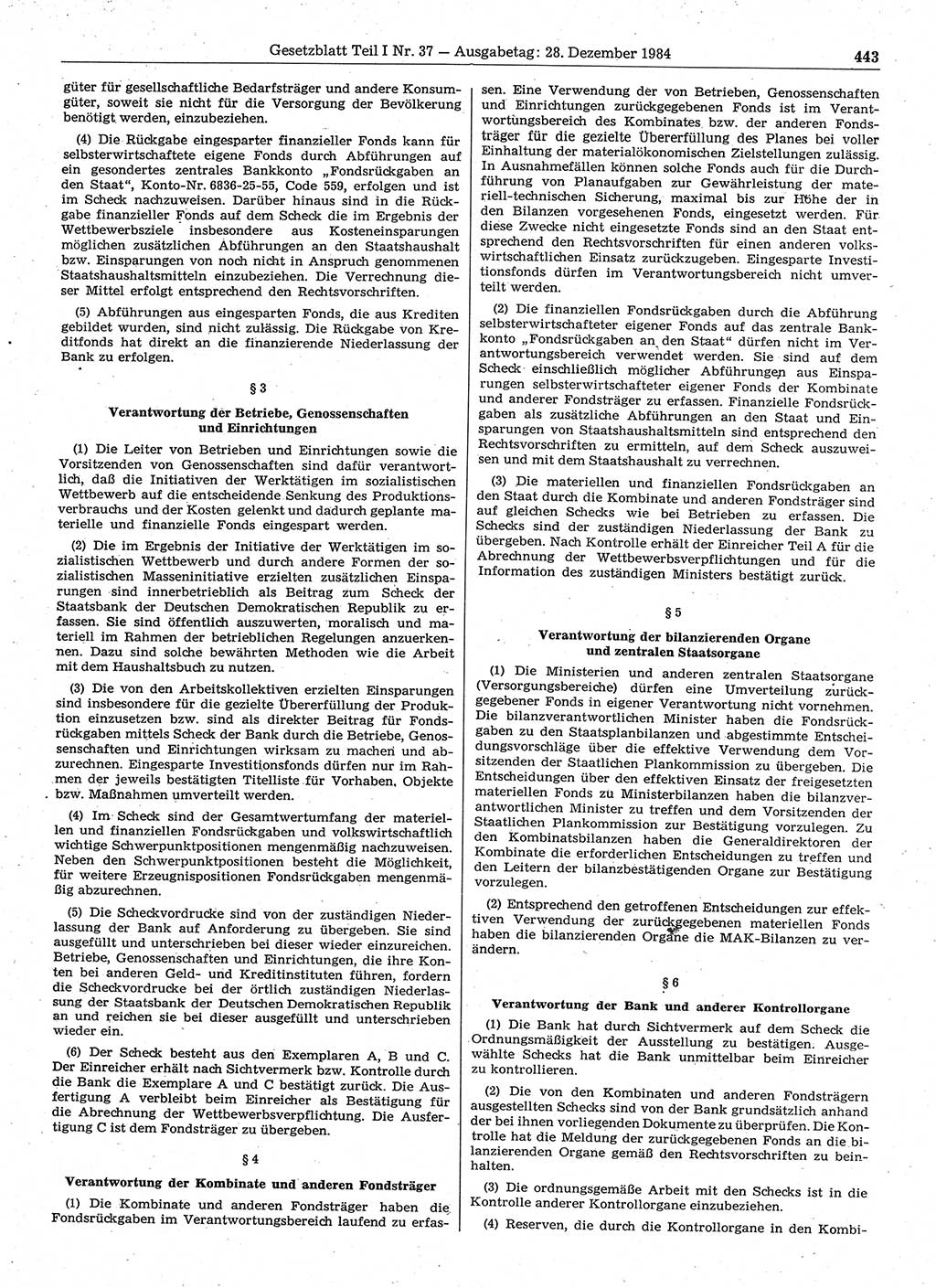 Gesetzblatt (GBl.) der Deutschen Demokratischen Republik (DDR) Teil Ⅰ 1984, Seite 443 (GBl. DDR Ⅰ 1984, S. 443)