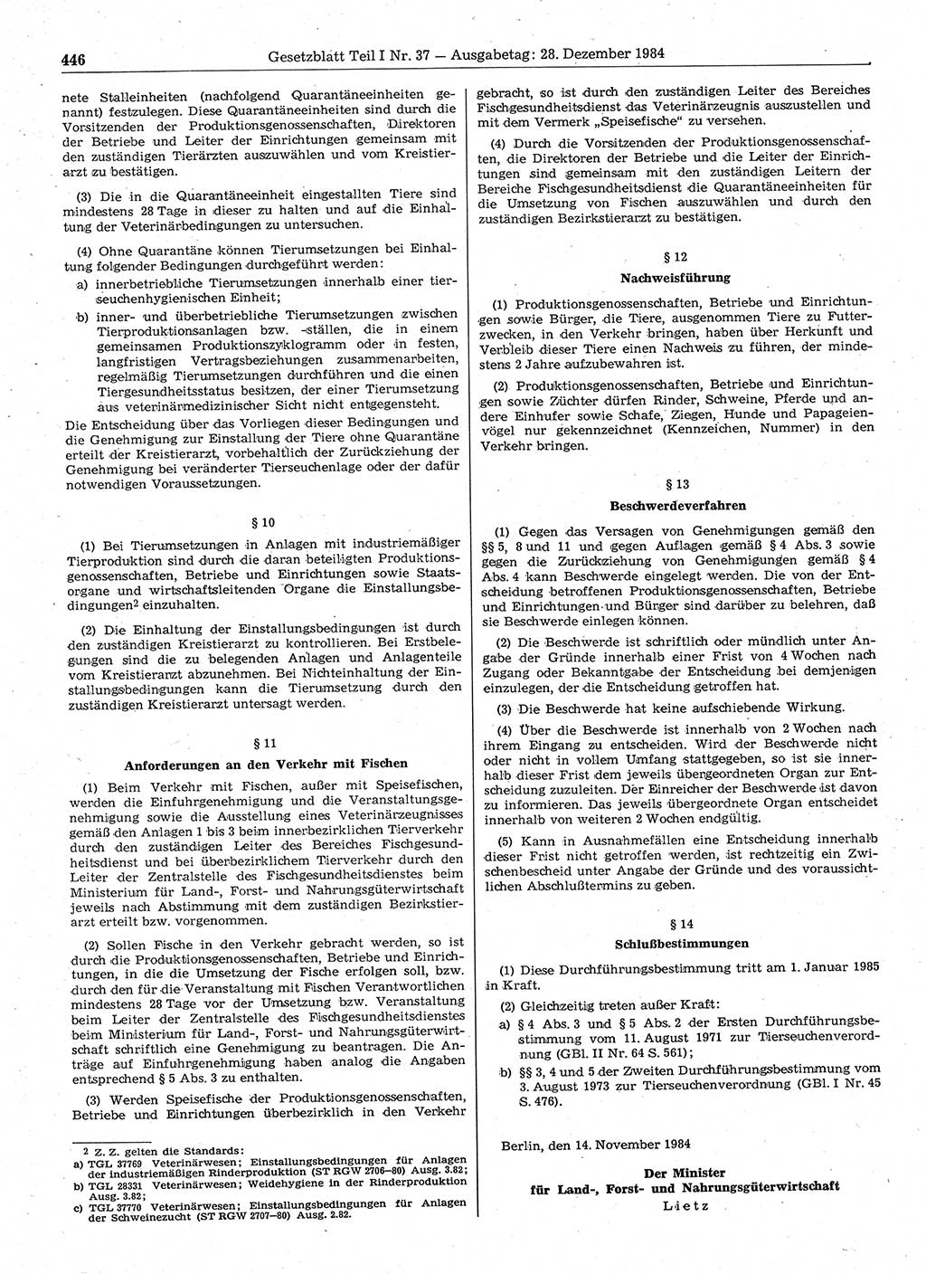 Gesetzblatt (GBl.) der Deutschen Demokratischen Republik (DDR) Teil Ⅰ 1984, Seite 446 (GBl. DDR Ⅰ 1984, S. 446)