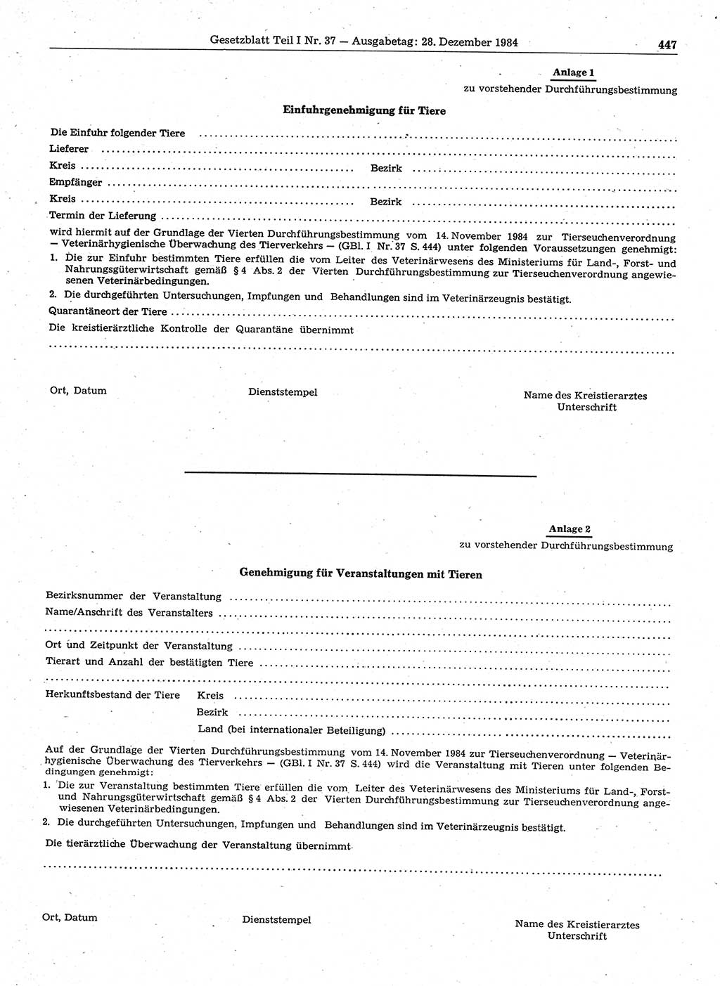 Gesetzblatt (GBl.) der Deutschen Demokratischen Republik (DDR) Teil Ⅰ 1984, Seite 447 (GBl. DDR Ⅰ 1984, S. 447)