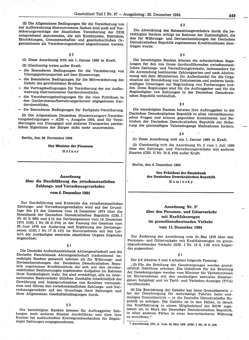 Gesetzblatt (GBl.) der Deutschen Demokratischen Republik (DDR) Teil Ⅰ 1984, Seite 449 (GBl. DDR Ⅰ 1984, S. 449)