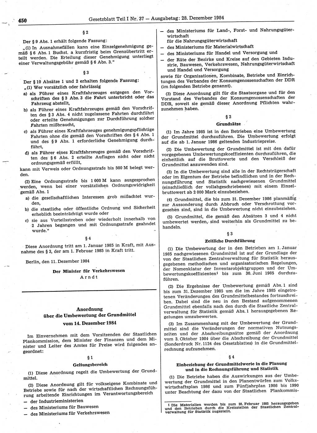 Gesetzblatt (GBl.) der Deutschen Demokratischen Republik (DDR) Teil Ⅰ 1984, Seite 450 (GBl. DDR Ⅰ 1984, S. 450)