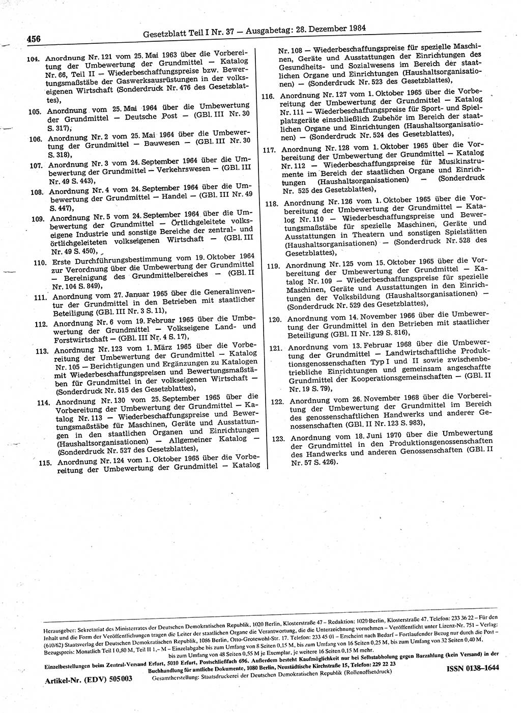 Gesetzblatt (GBl.) der Deutschen Demokratischen Republik (DDR) Teil Ⅰ 1984, Seite 456 (GBl. DDR Ⅰ 1984, S. 456)