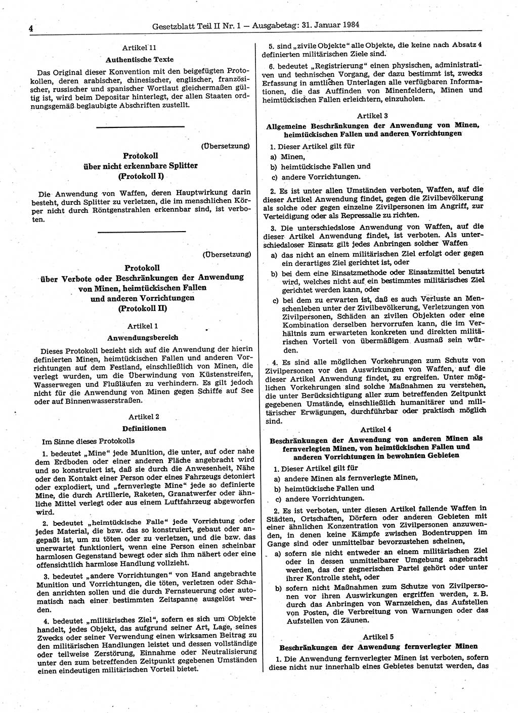 Gesetzblatt (GBl.) der Deutschen Demokratischen Republik (DDR) Teil ⅠⅠ 1984, Seite 4 (GBl. DDR ⅠⅠ 1984, S. 4)