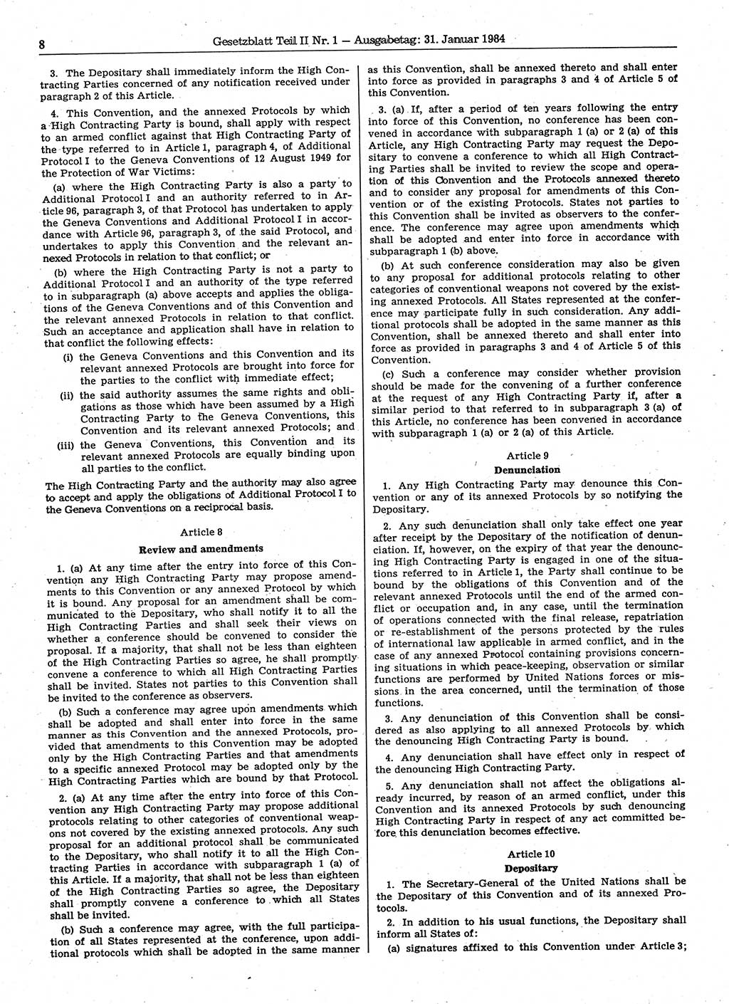 Gesetzblatt (GBl.) der Deutschen Demokratischen Republik (DDR) Teil ⅠⅠ 1984, Seite 8 (GBl. DDR ⅠⅠ 1984, S. 8)