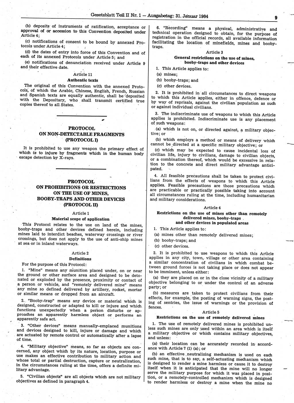 Gesetzblatt (GBl.) der Deutschen Demokratischen Republik (DDR) Teil ⅠⅠ 1984, Seite 9 (GBl. DDR ⅠⅠ 1984, S. 9)