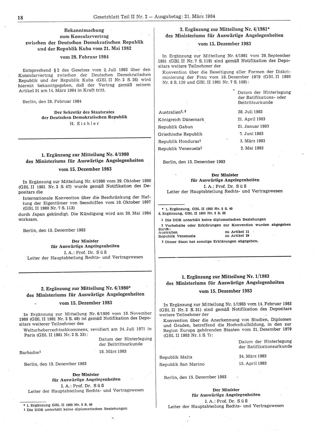 Gesetzblatt (GBl.) der Deutschen Demokratischen Republik (DDR) Teil ⅠⅠ 1984, Seite 18 (GBl. DDR ⅠⅠ 1984, S. 18)