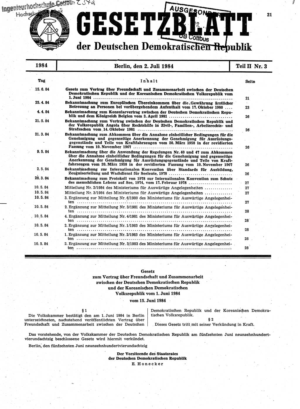 Gesetzblatt (GBl.) der Deutschen Demokratischen Republik (DDR) Teil ⅠⅠ 1984, Seite 21 (GBl. DDR ⅠⅠ 1984, S. 21)