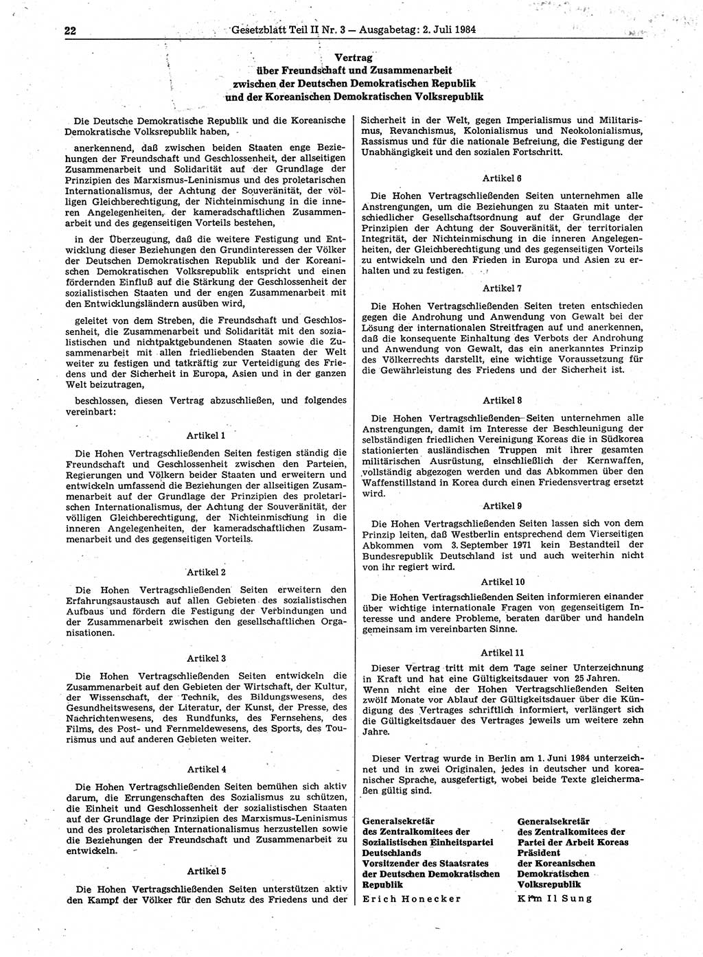 Gesetzblatt (GBl.) der Deutschen Demokratischen Republik (DDR) Teil ⅠⅠ 1984, Seite 22 (GBl. DDR ⅠⅠ 1984, S. 22)