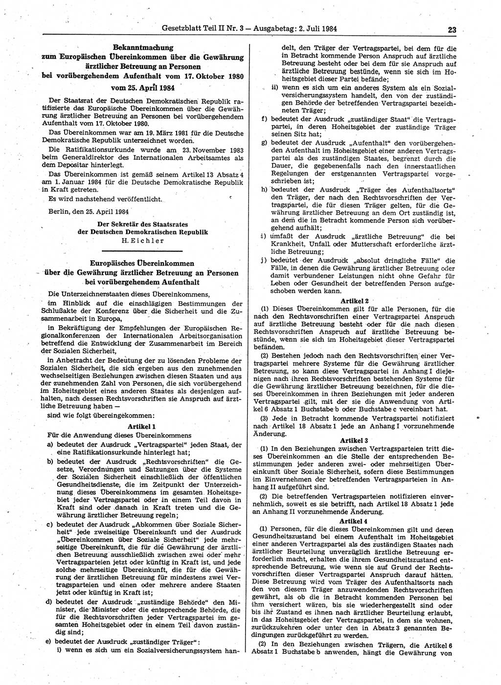 Gesetzblatt (GBl.) der Deutschen Demokratischen Republik (DDR) Teil ⅠⅠ 1984, Seite 23 (GBl. DDR ⅠⅠ 1984, S. 23)