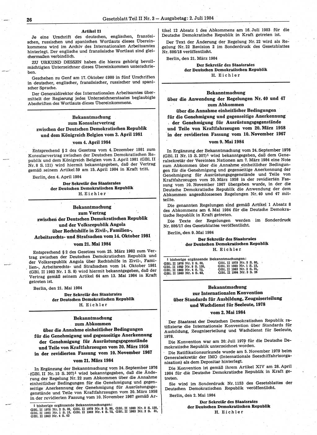 Gesetzblatt (GBl.) der Deutschen Demokratischen Republik (DDR) Teil ⅠⅠ 1984, Seite 26 (GBl. DDR ⅠⅠ 1984, S. 26)