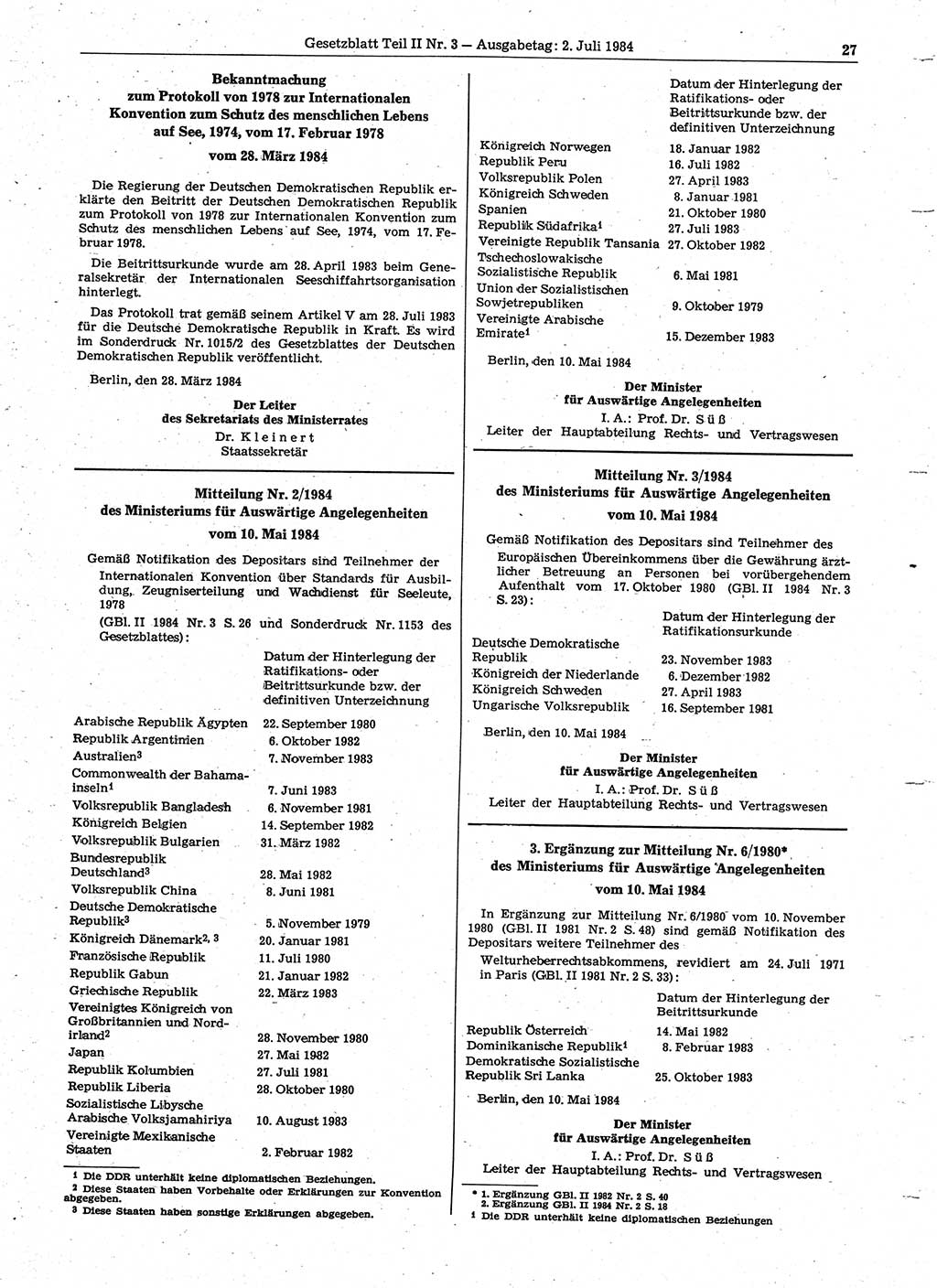 Gesetzblatt (GBl.) der Deutschen Demokratischen Republik (DDR) Teil ⅠⅠ 1984, Seite 27 (GBl. DDR ⅠⅠ 1984, S. 27)
