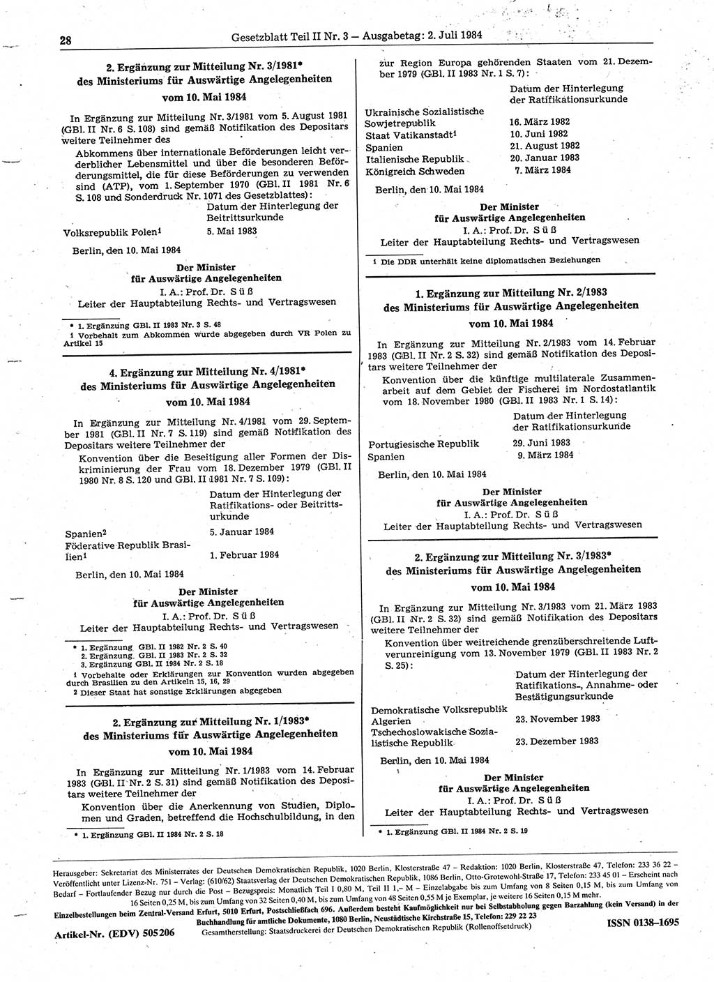 Gesetzblatt (GBl.) der Deutschen Demokratischen Republik (DDR) Teil ⅠⅠ 1984, Seite 28 (GBl. DDR ⅠⅠ 1984, S. 28)