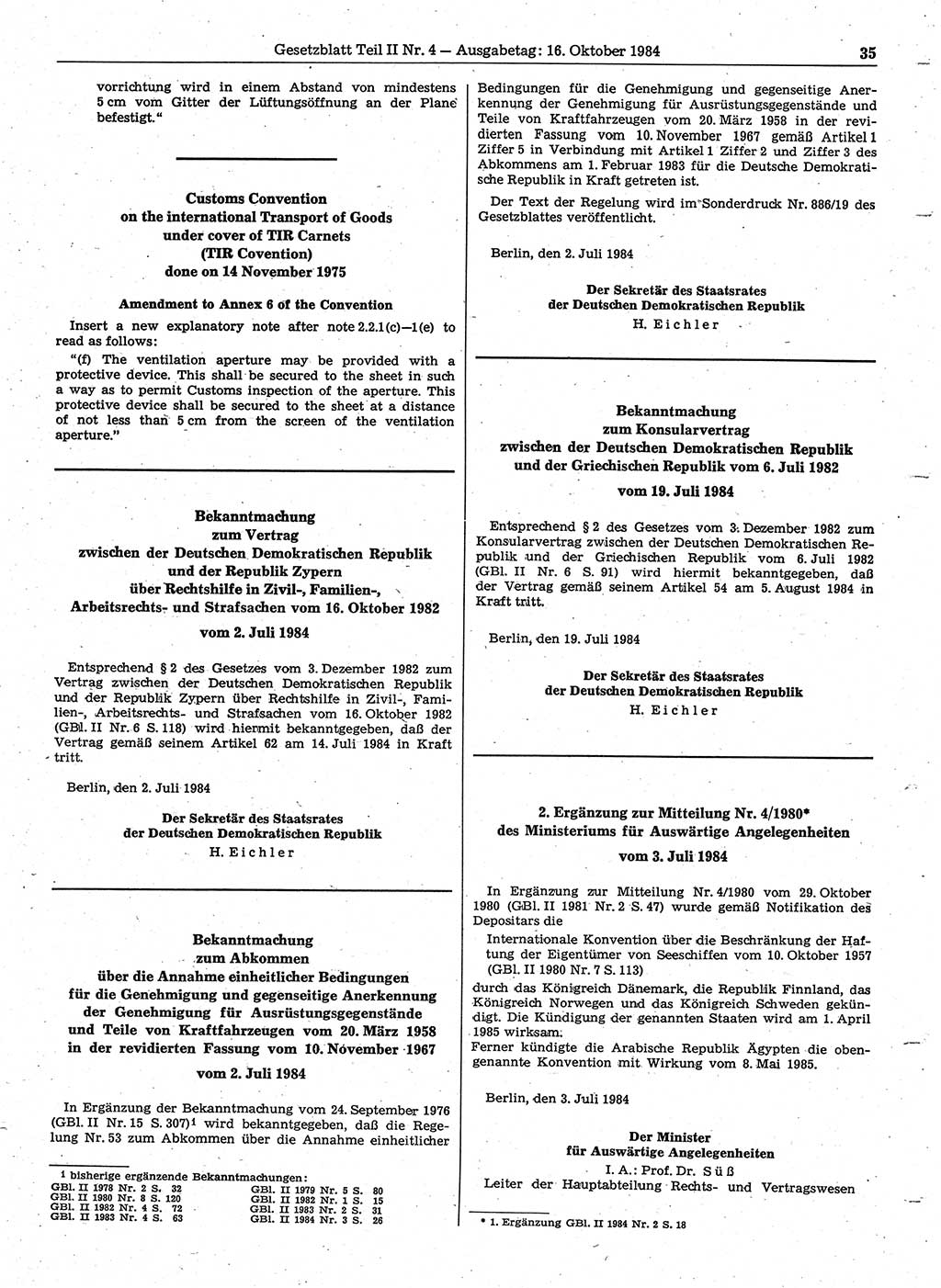 Gesetzblatt (GBl.) der Deutschen Demokratischen Republik (DDR) Teil ⅠⅠ 1984, Seite 35 (GBl. DDR ⅠⅠ 1984, S. 35)