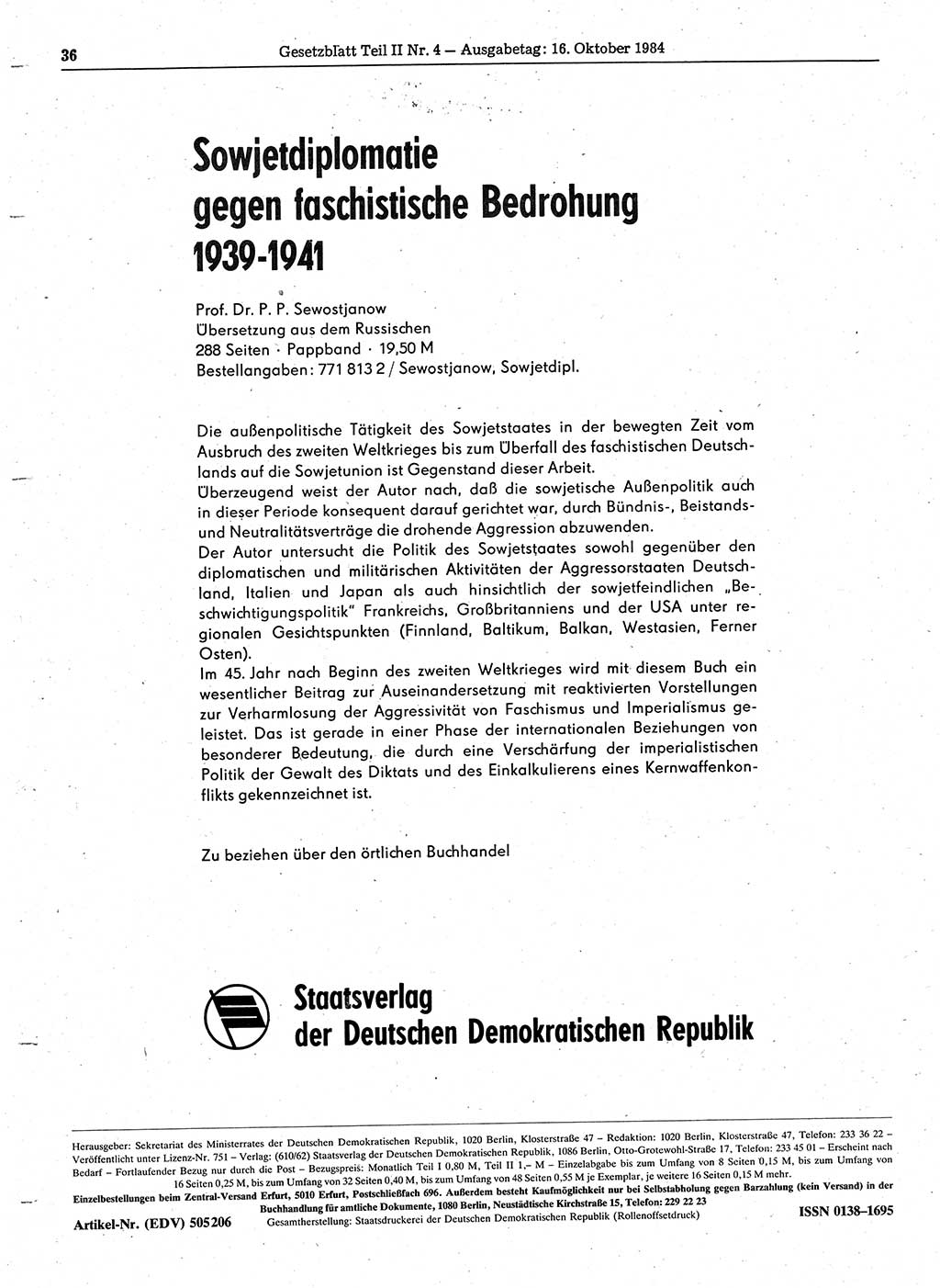 Gesetzblatt (GBl.) der Deutschen Demokratischen Republik (DDR) Teil ⅠⅠ 1984, Seite 36 (GBl. DDR ⅠⅠ 1984, S. 36)