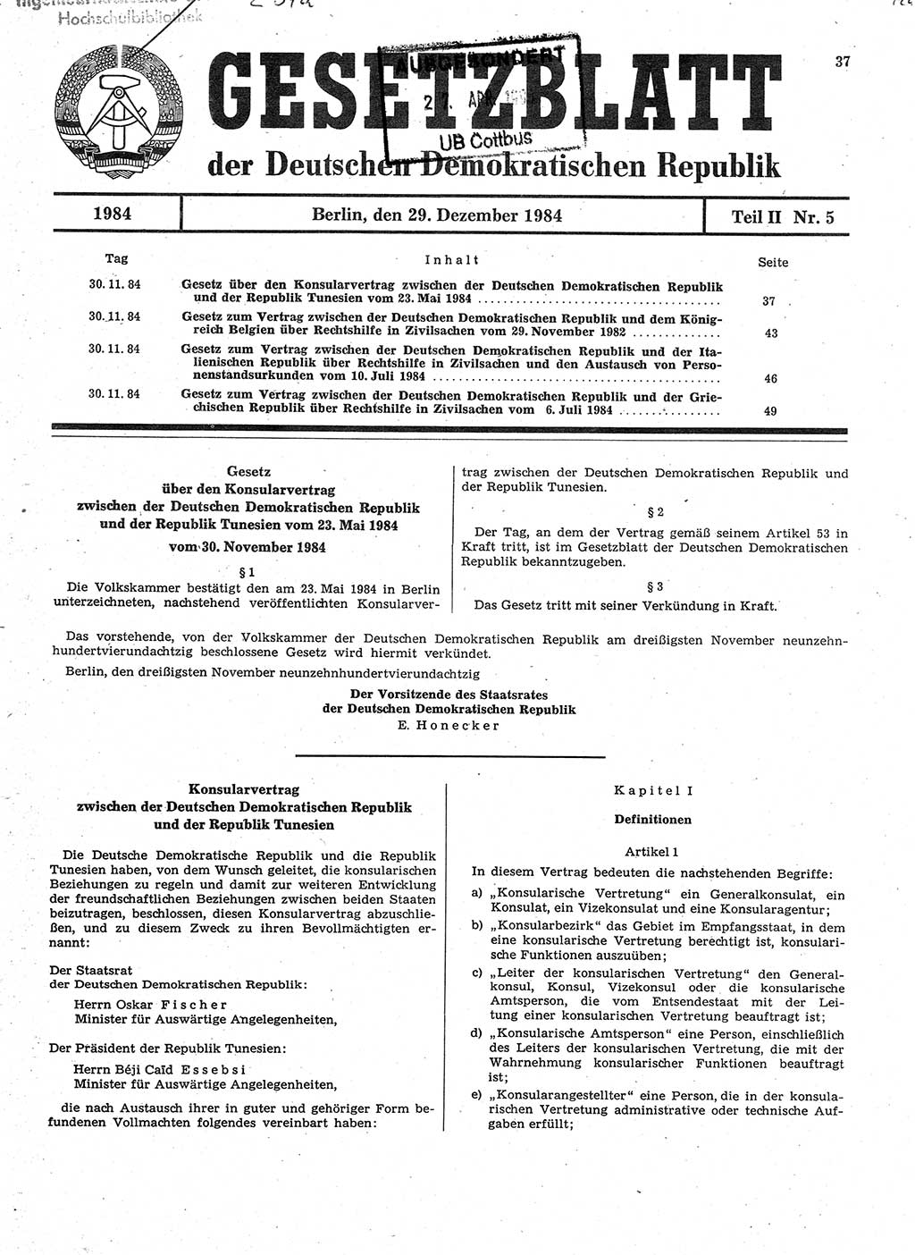 Gesetzblatt (GBl.) der Deutschen Demokratischen Republik (DDR) Teil ⅠⅠ 1984, Seite 37 (GBl. DDR ⅠⅠ 1984, S. 37)