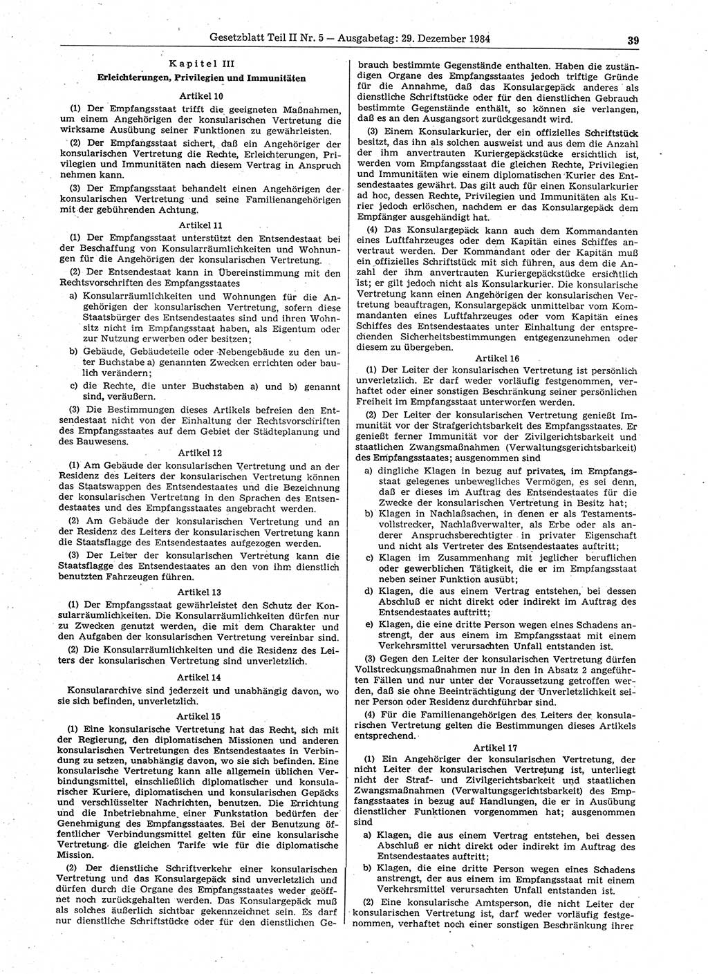 Gesetzblatt (GBl.) der Deutschen Demokratischen Republik (DDR) Teil ⅠⅠ 1984, Seite 39 (GBl. DDR ⅠⅠ 1984, S. 39)