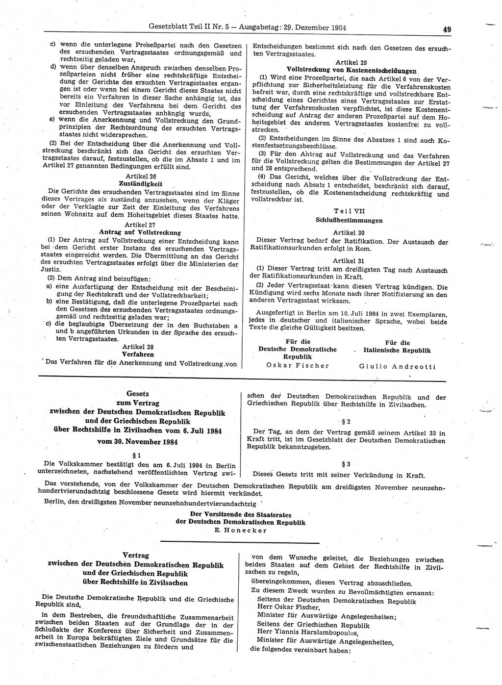 Gesetzblatt (GBl.) der Deutschen Demokratischen Republik (DDR) Teil ⅠⅠ 1984, Seite 49 (GBl. DDR ⅠⅠ 1984, S. 49)